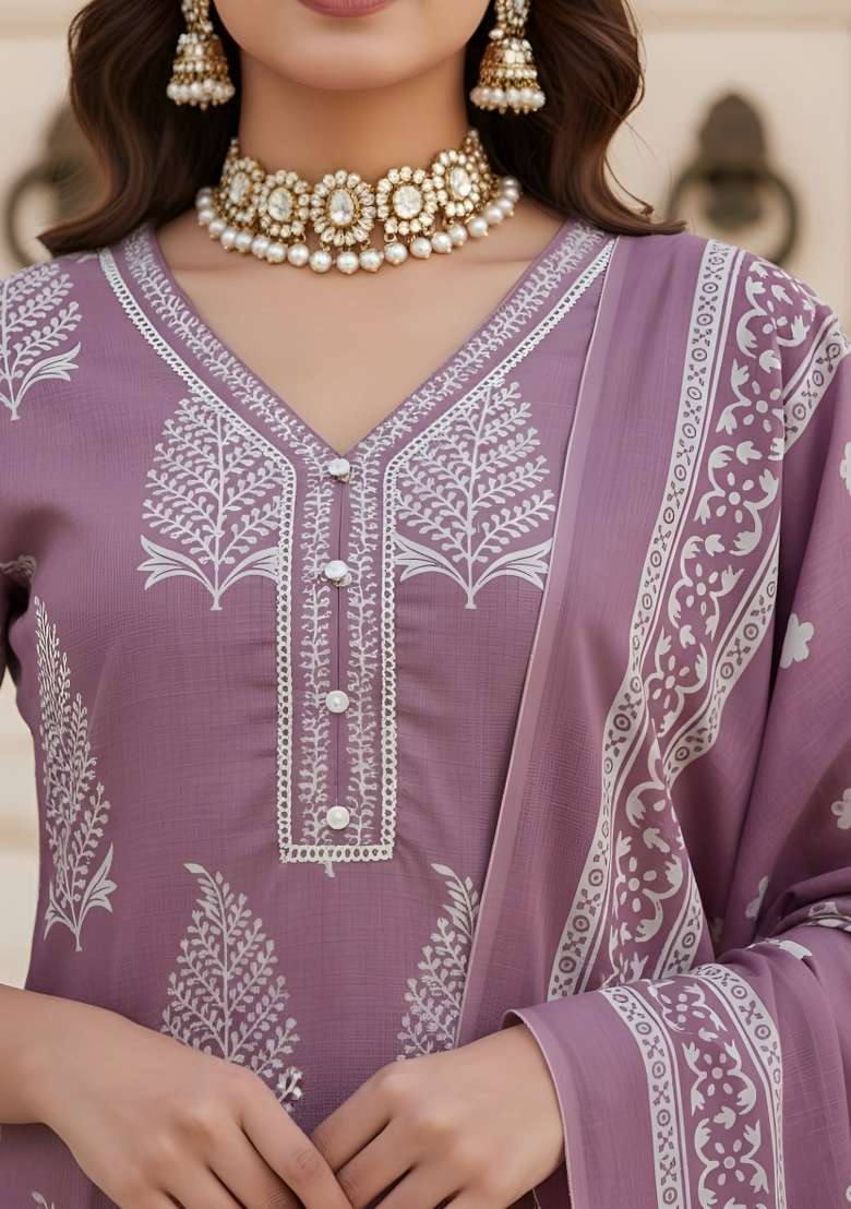 Mauve Printed Cotton Kurta Set - Indya