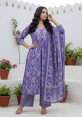 Lavender Printed Cotton Kurta Set