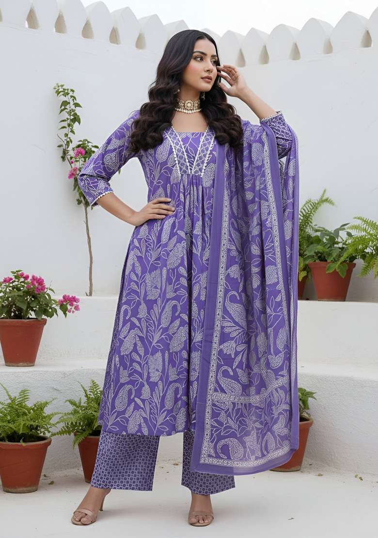 Lavender Printed Cotton Kurta Set - Indya
