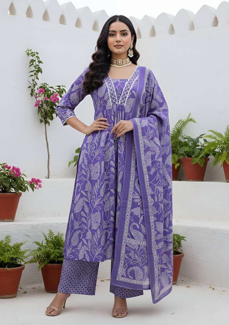 Lavender Printed Cotton Kurta Set - Indya