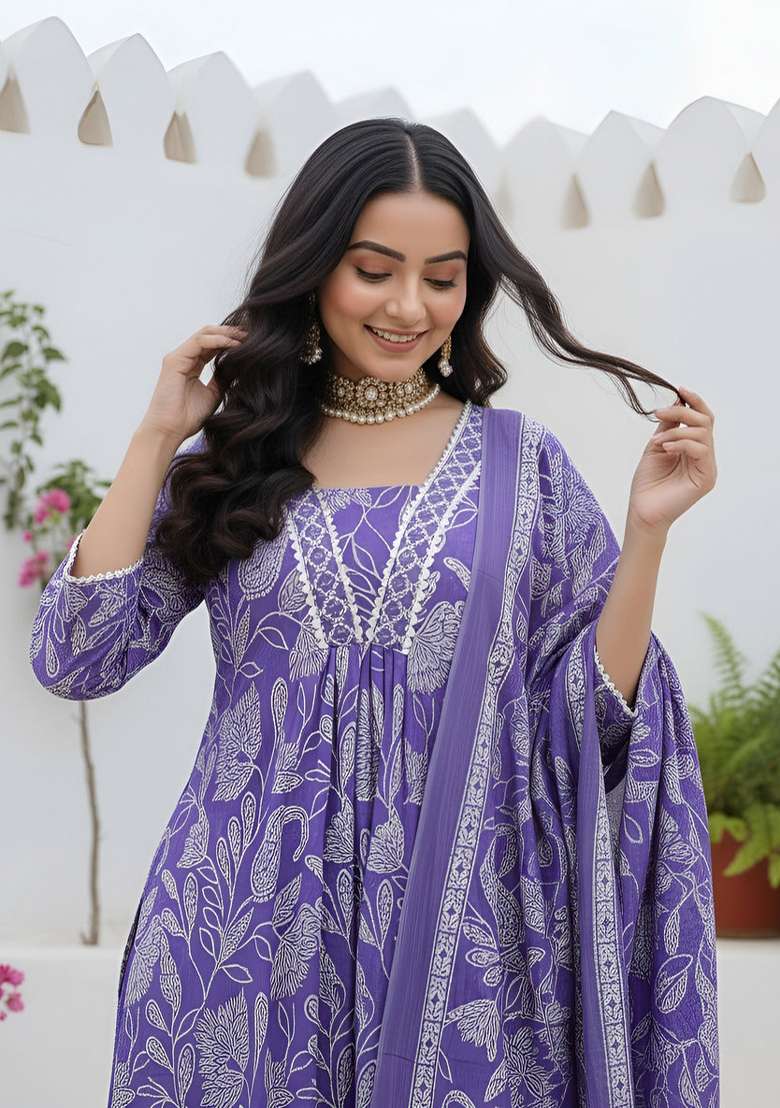 Lavender Printed Cotton Kurta Set - Indya
