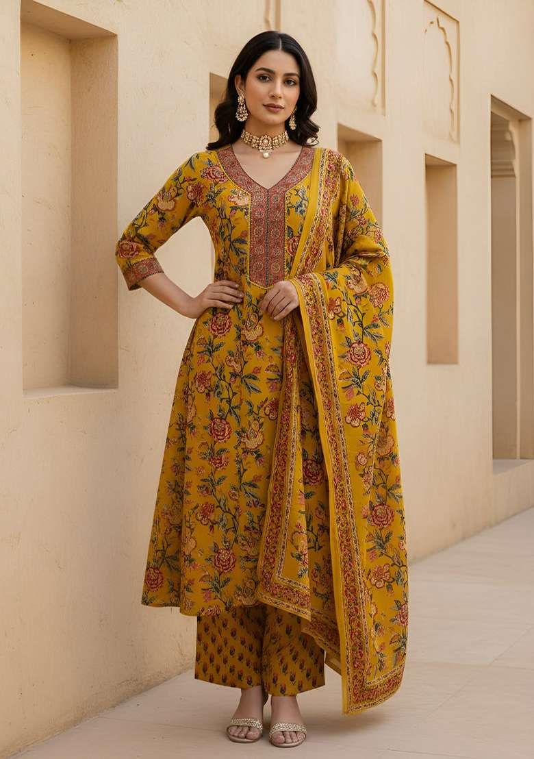 Yellow Printed Cotton Kurta Set - Indya