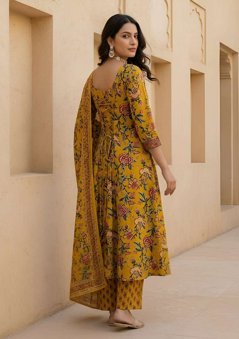 Yellow Printed Cotton Kurta Set - Indya