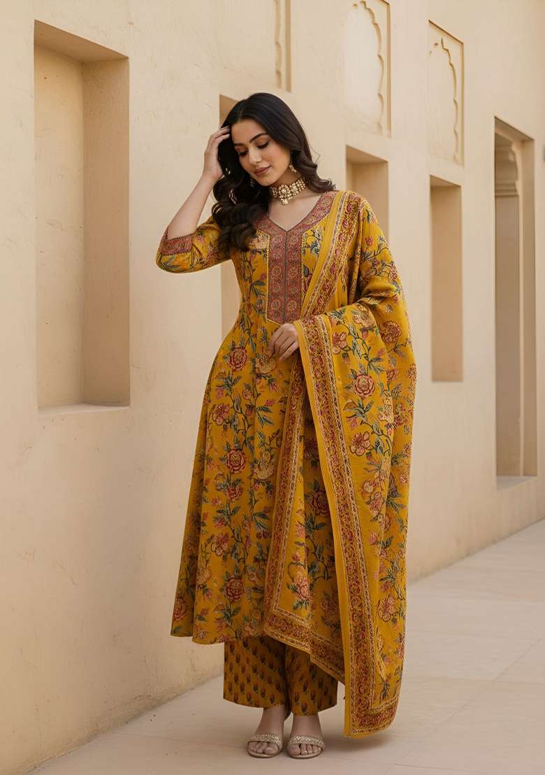 Yellow Printed Cotton Kurta Set - Indya