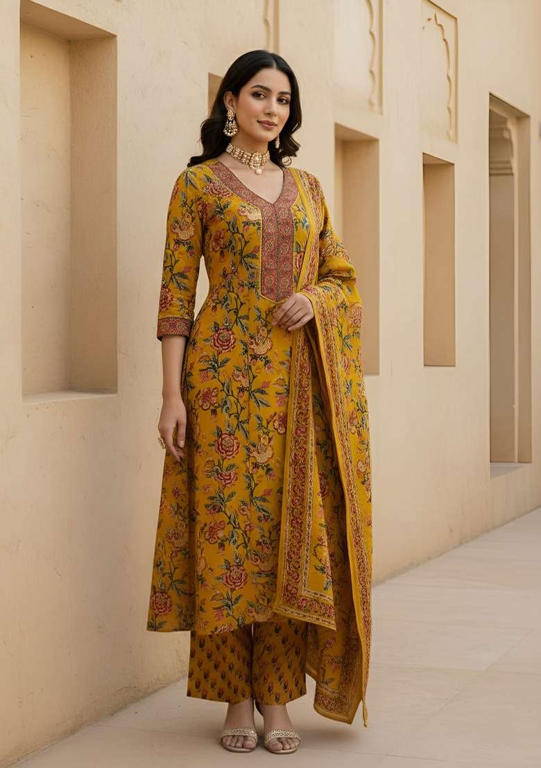 Yellow Printed Cotton Kurta Set - Indya