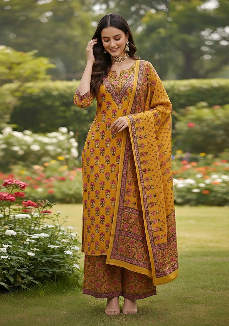 Yellow Printed Cotton Kurta Set - Indya