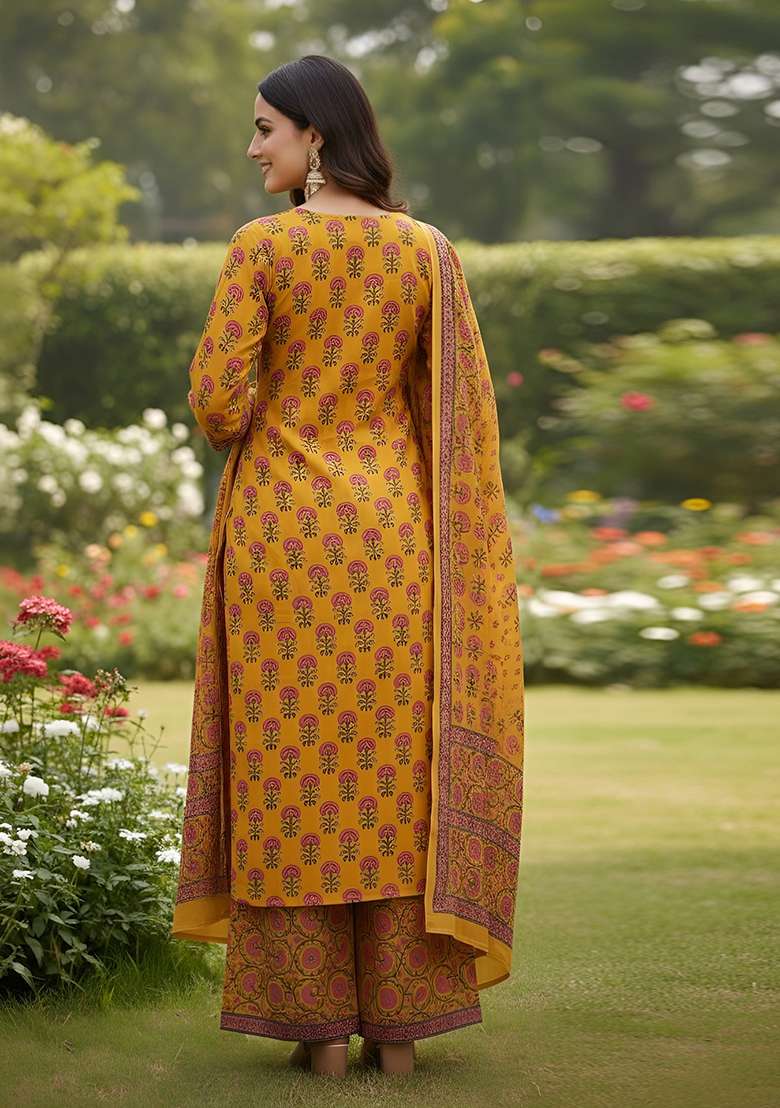 Yellow Printed Cotton Kurta Set - Indya