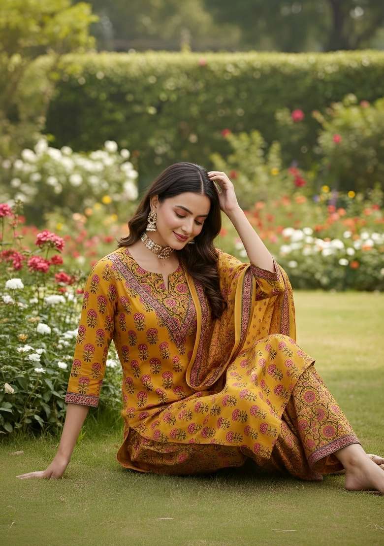 Yellow Printed Cotton Kurta Set - Indya