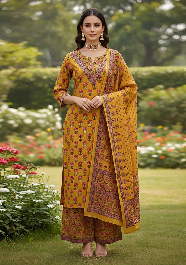 Yellow Printed Cotton Kurta Set - Indya