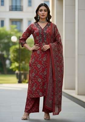 Maroon Printed Cotton Kurta Set