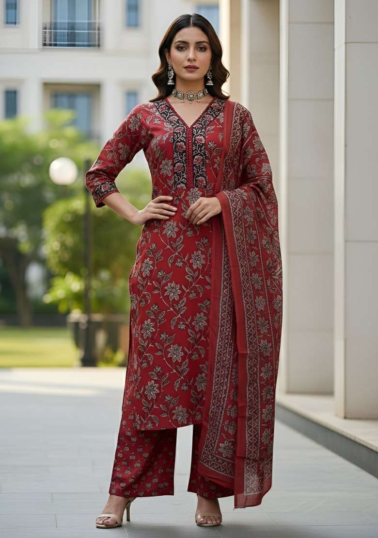 Maroon Printed Cotton Kurta Set - Indya