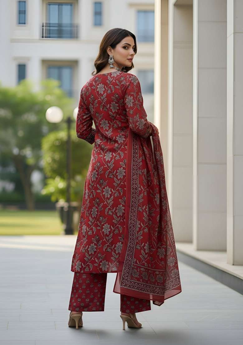 Maroon Printed Cotton Kurta Set - Indya