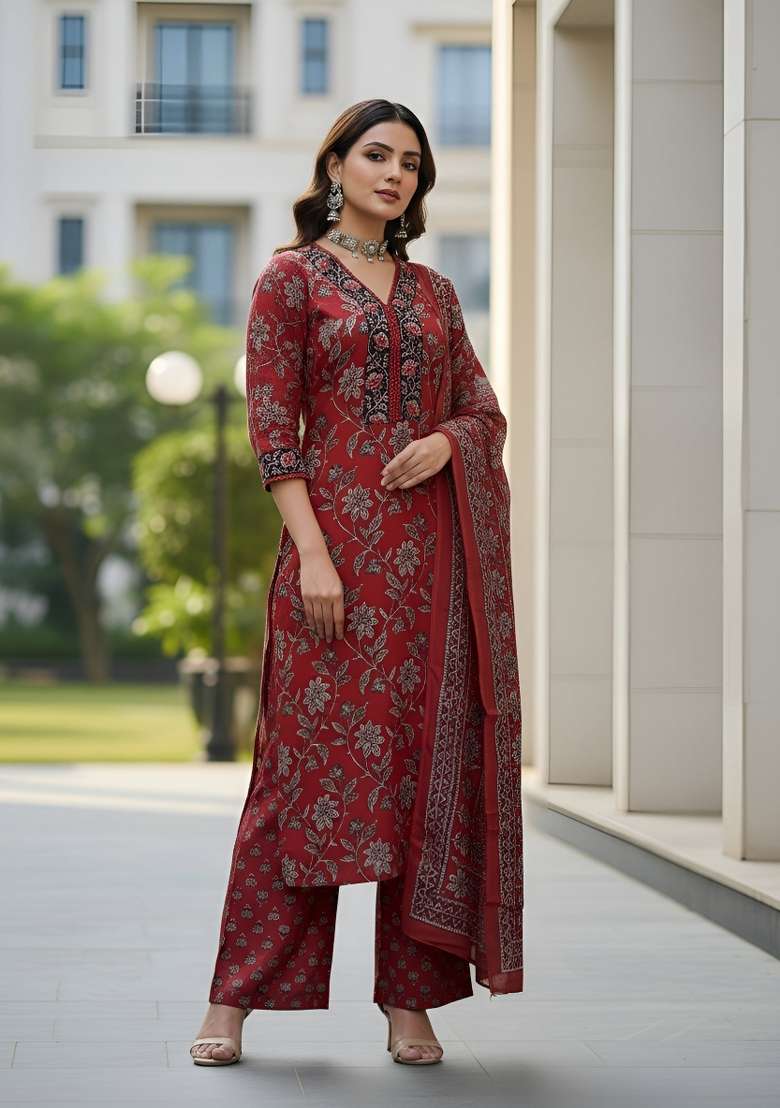 Maroon Printed Cotton Kurta Set - Indya