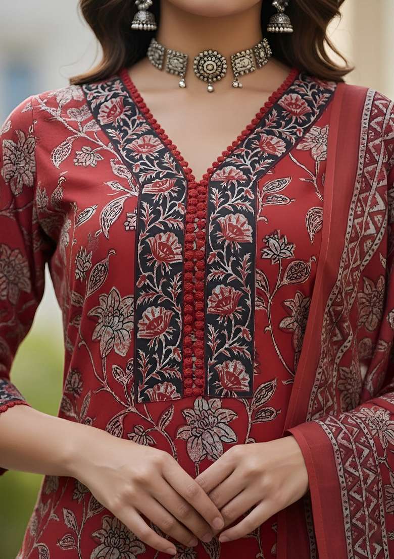 Maroon Printed Cotton Kurta Set - Indya