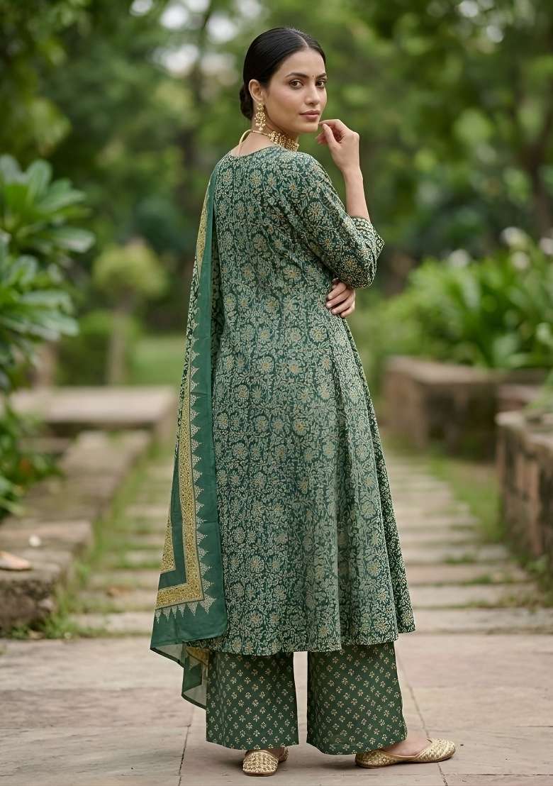 Green Printed Cotton Kurta Set - Indya