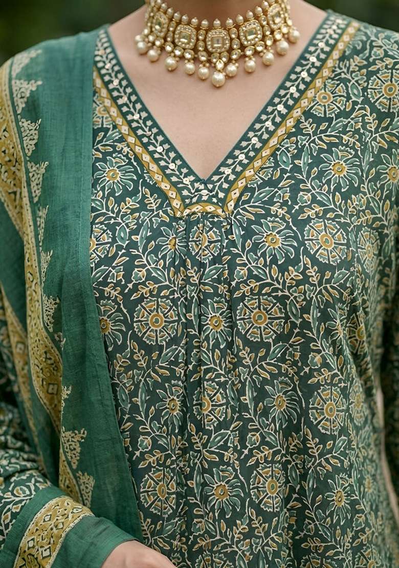 Green Printed Cotton Kurta Set - Indya