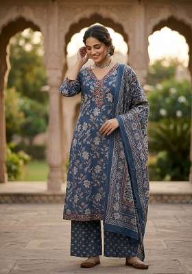 Navy Blue Printed Cotton Kurta Set