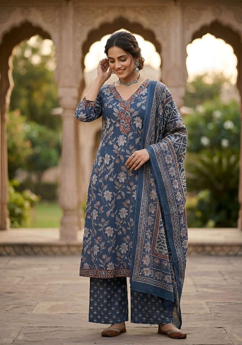 Navy Blue Printed Cotton Kurta Set - Indya