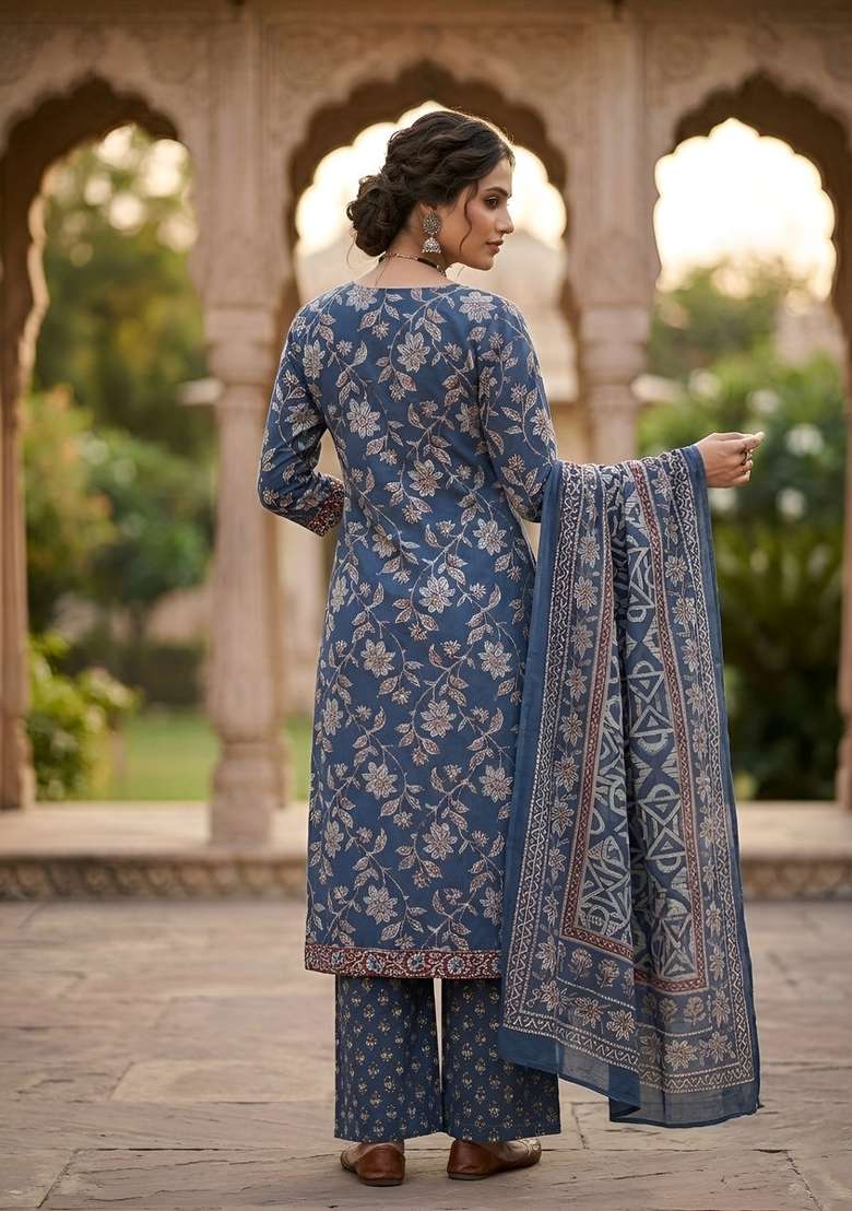 Navy Blue Printed Cotton Kurta Set - Indya