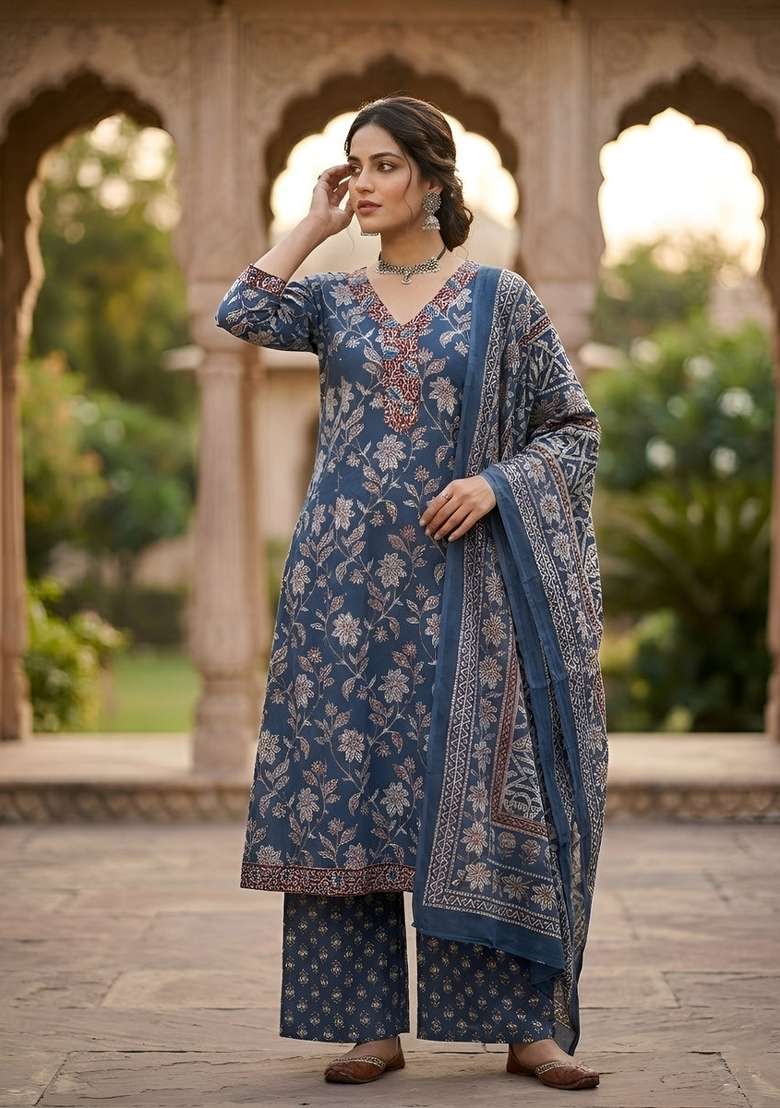 Navy Blue Printed Cotton Kurta Set - Indya