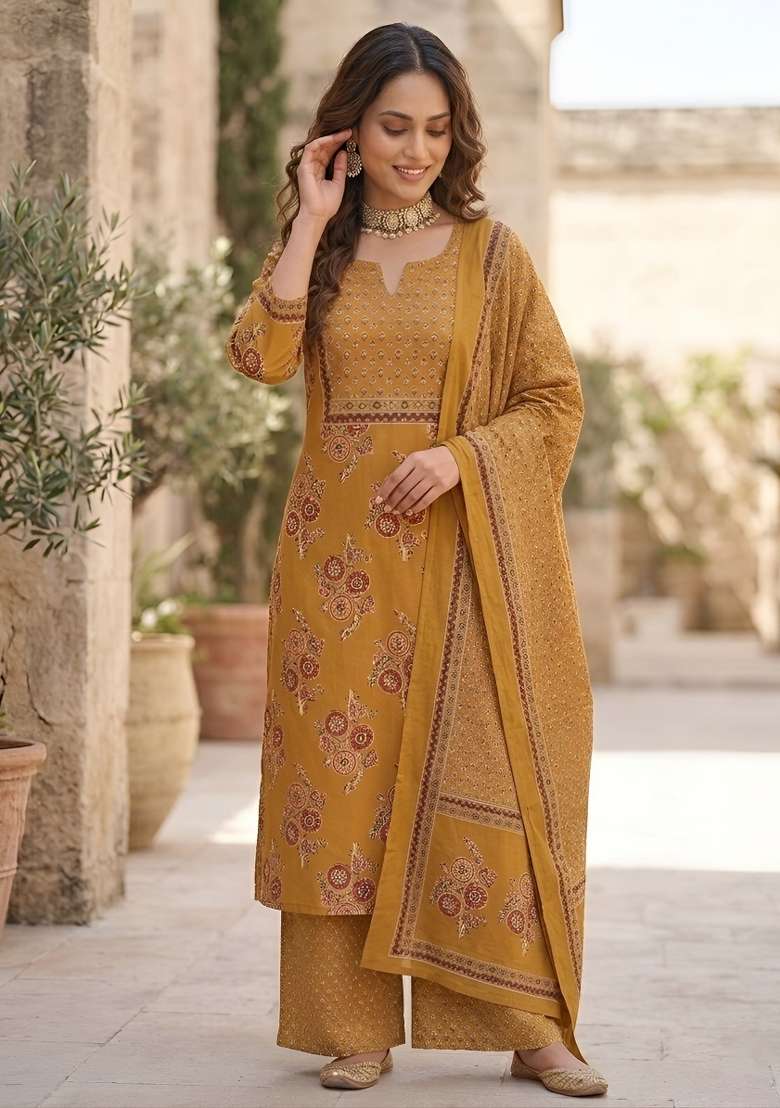 Mustard Printed Cotton Kurta Set - Indya