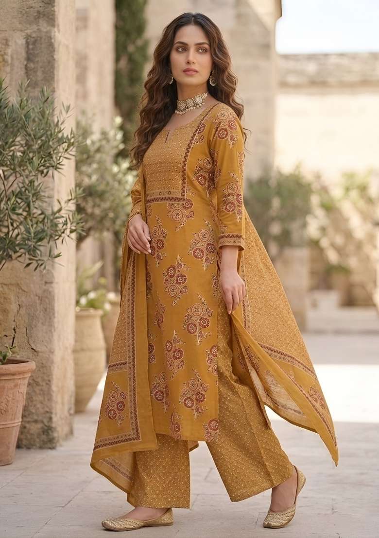 Mustard Printed Cotton Kurta Set - Indya