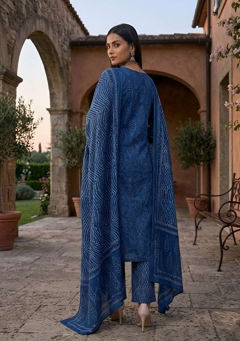 Blue Printed Cotton Kurta Set - Indya