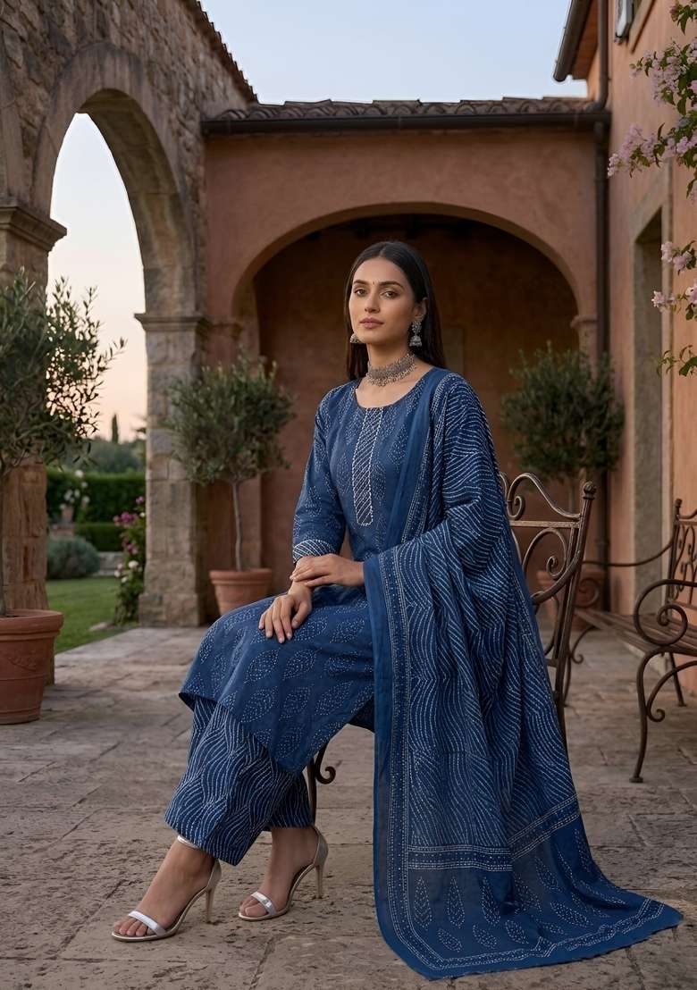 Blue Printed Cotton Kurta Set - Indya