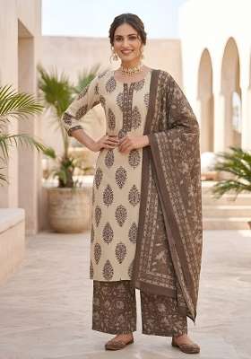 Beige Printed Cotton Kurta Set