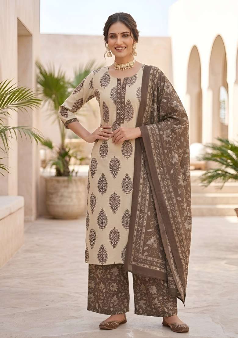 Beige Printed Cotton Kurta Set - Indya