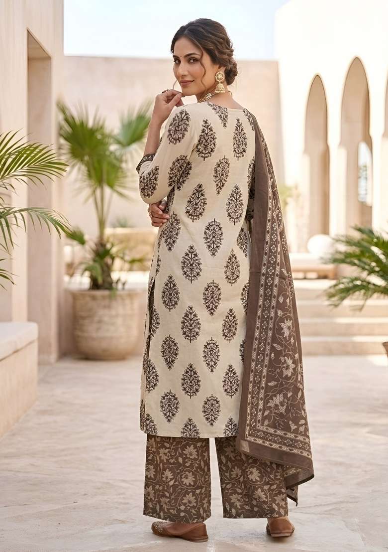 Beige Printed Cotton Kurta Set - Indya