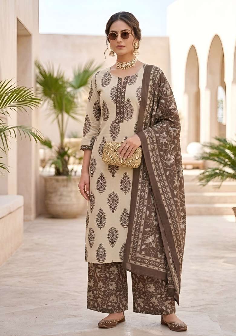 Beige Printed Cotton Kurta Set - Indya