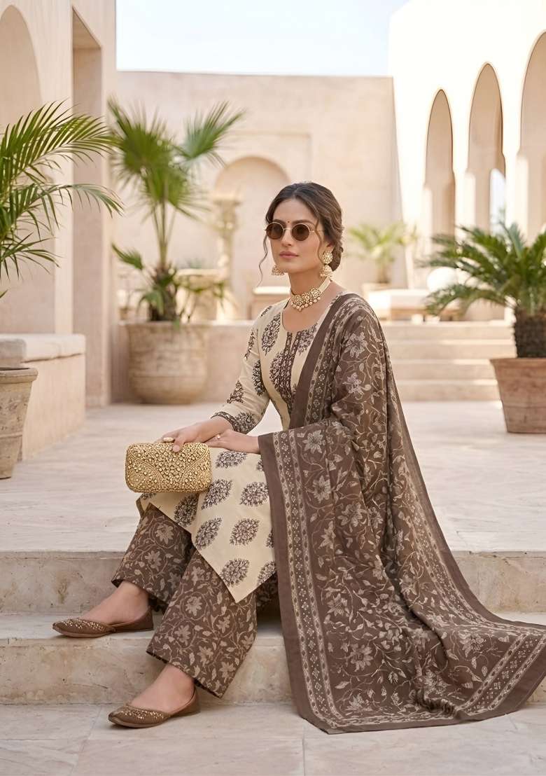 Beige Printed Cotton Kurta Set - Indya