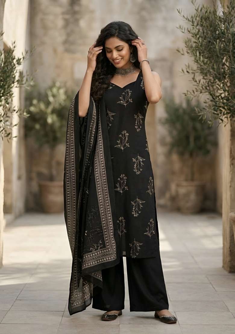 Black Printed Cotton Kurta Set - Indya