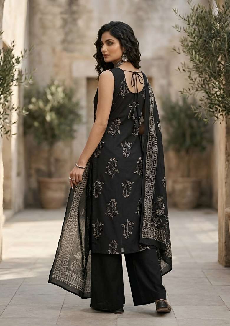 Black Printed Cotton Kurta Set - Indya