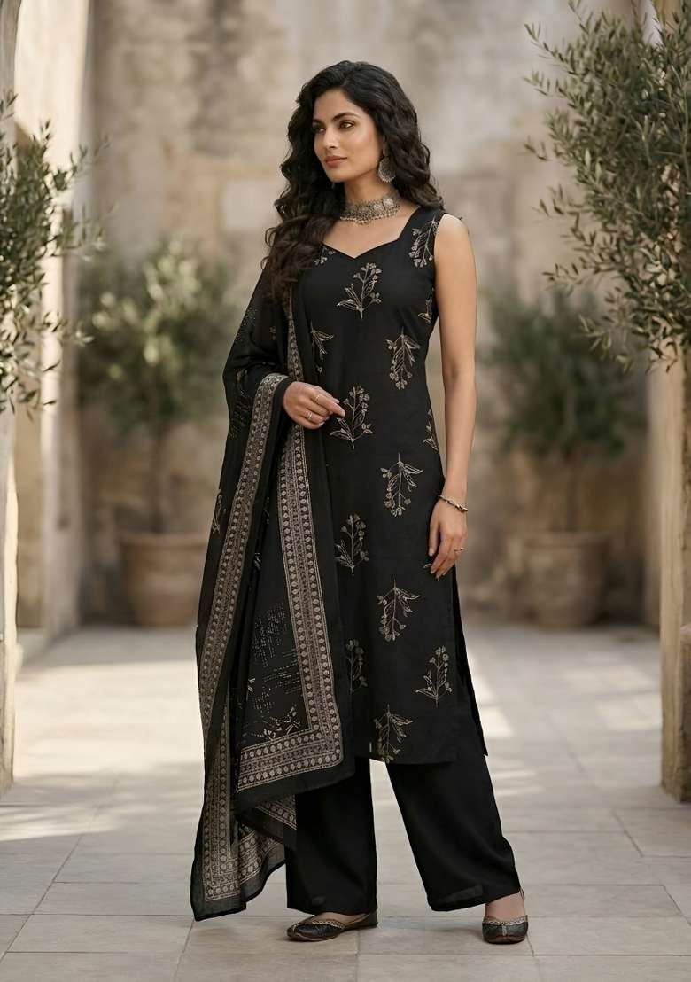Black Printed Cotton Kurta Set - Indya