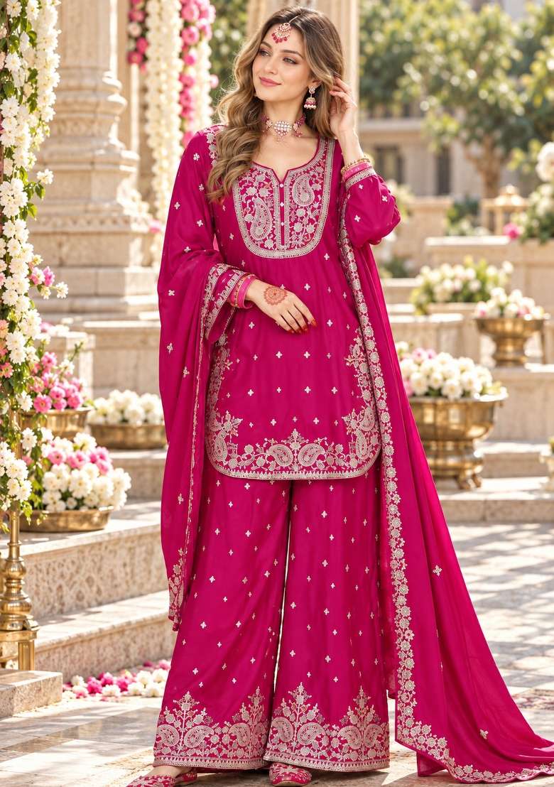 Rani Pink Embroidered Silk Kurta Set - Indya