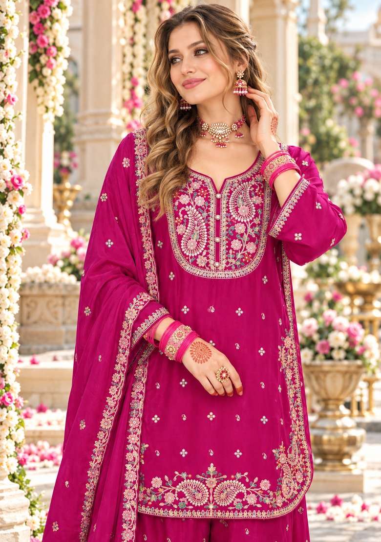 Rani Pink Embroidered Silk Kurta Set - Indya