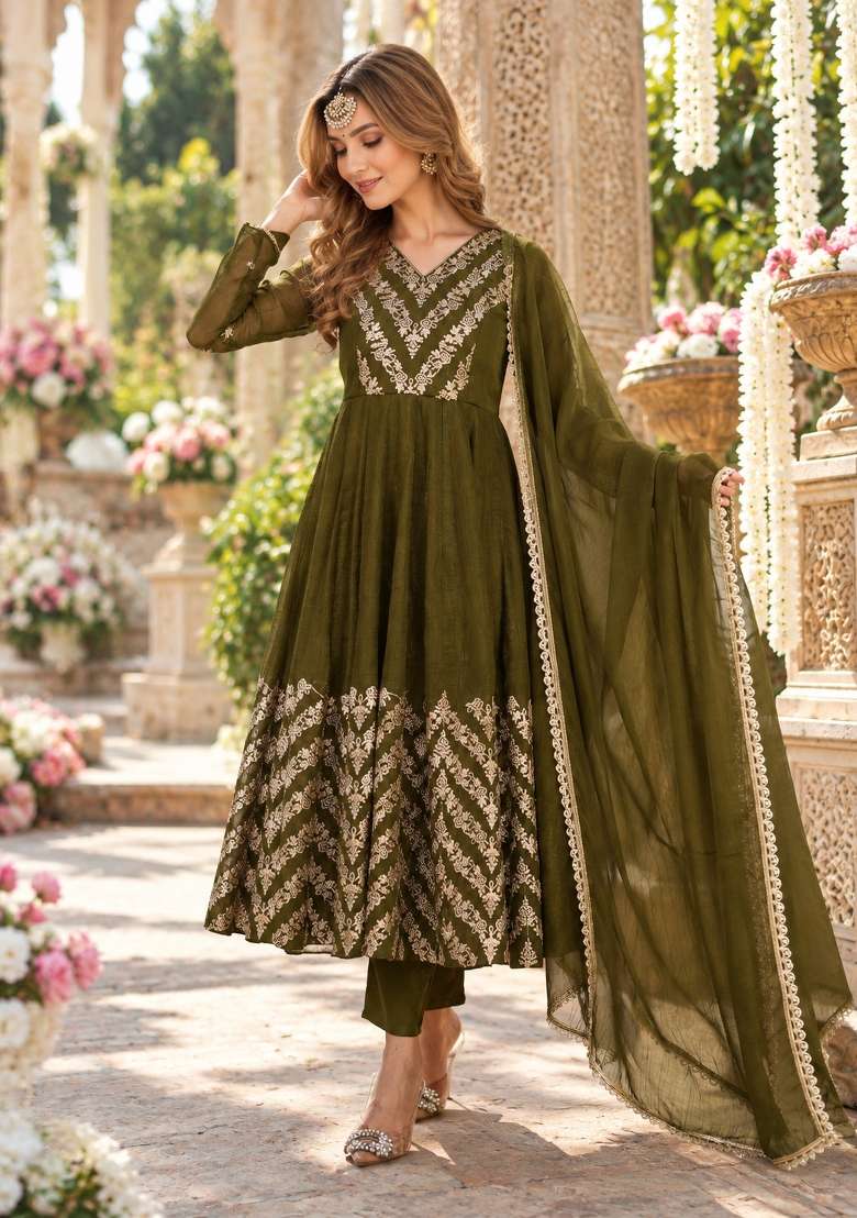 Olive Embroidered Silk Kurta Set - Indya