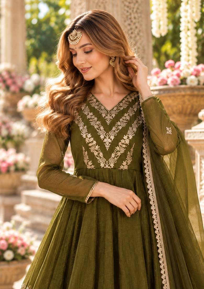 Olive Embroidered Silk Kurta Set - Indya