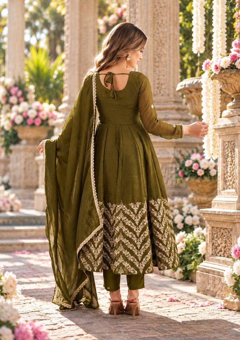 Olive Embroidered Silk Kurta Set - Indya