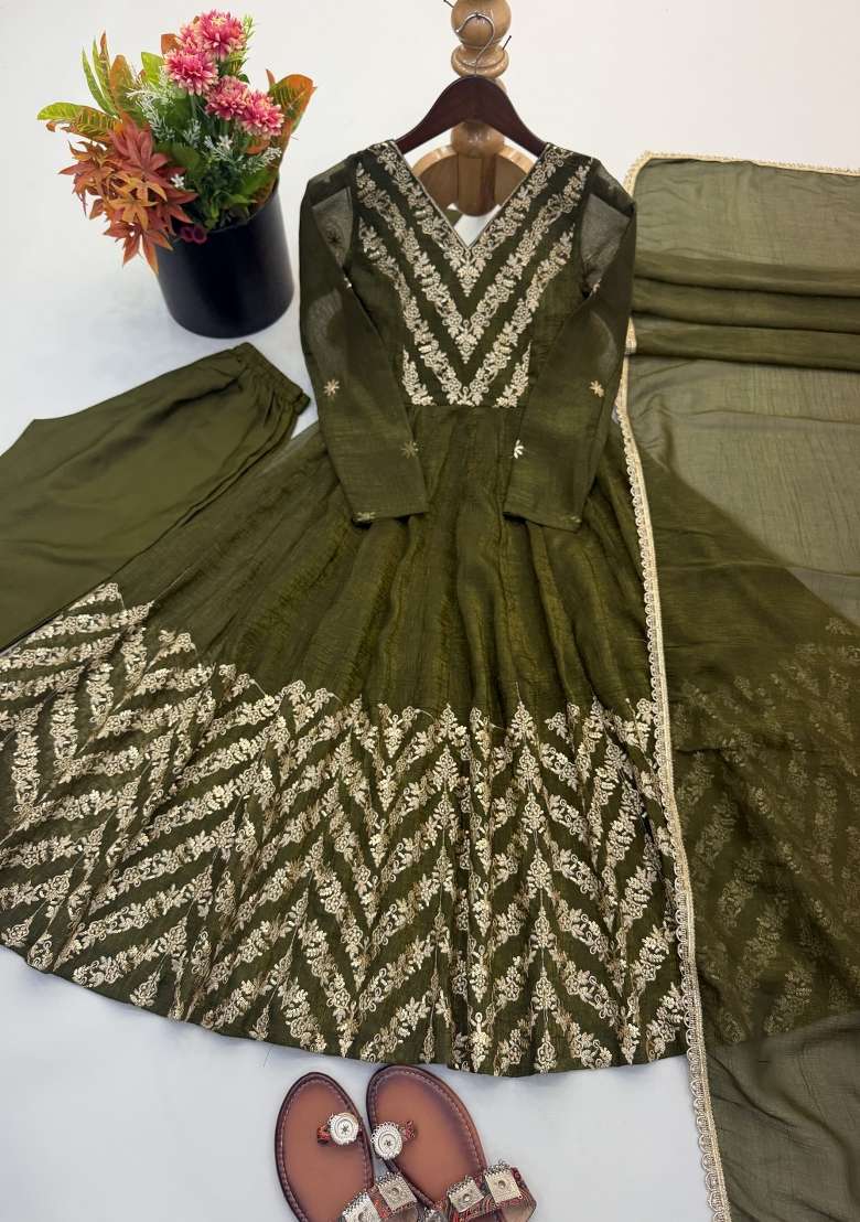 Olive Embroidered Silk Kurta Set - Indya