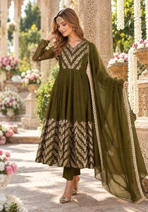 Olive Embroidered Silk Kurta Set