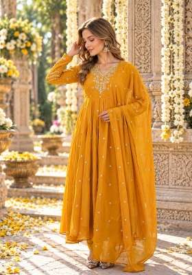 Yellow Embroidered Georgette Kurta Set