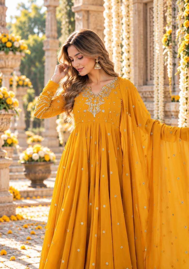 Yellow Embroidered Georgette Kurta Set - Indya