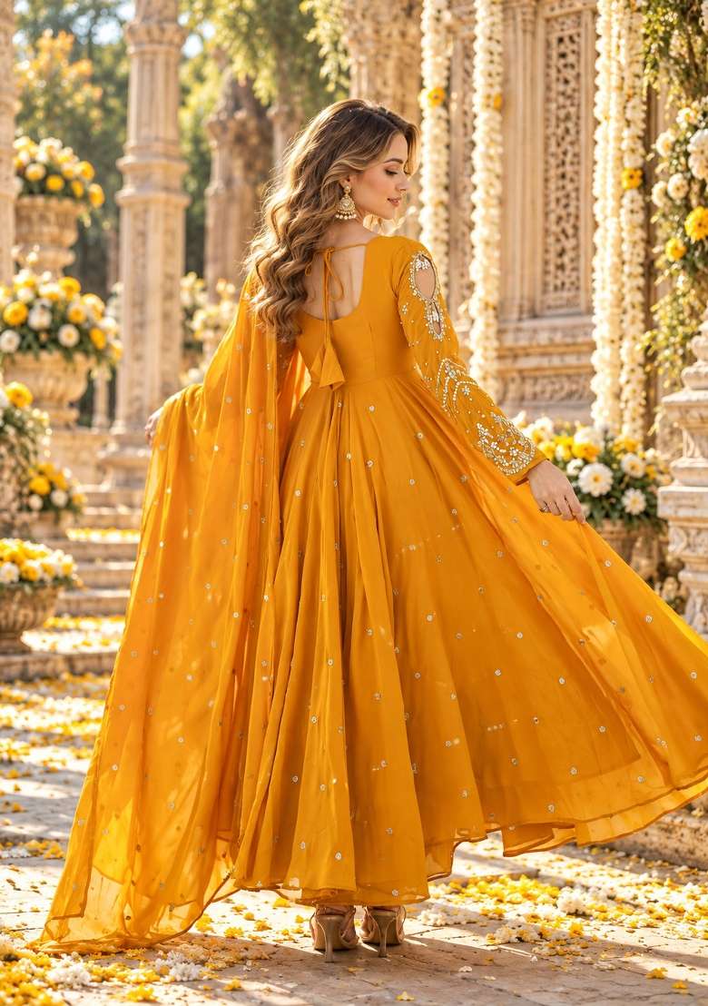 Yellow Embroidered Georgette Kurta Set - Indya