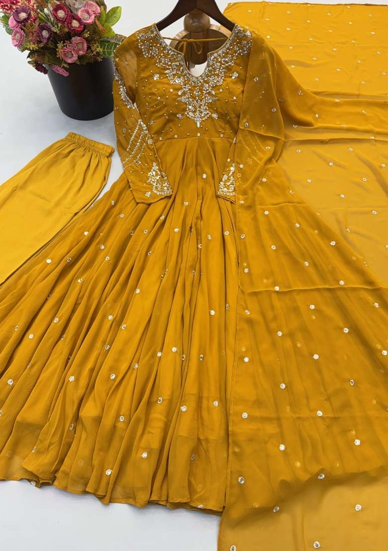 Yellow Embroidered Georgette Kurta Set - Indya