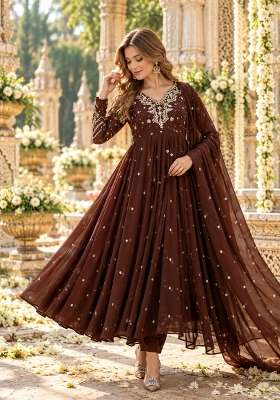 Dark Brown Embroidered Georgette Kurta Set