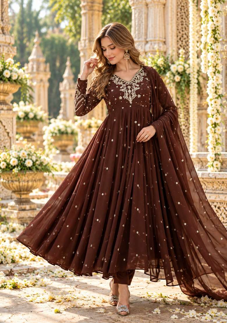 Dark Brown Embroidered Georgette Kurta Set - Indya