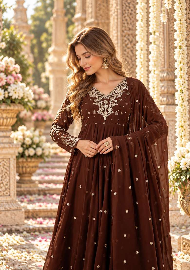 Dark Brown Embroidered Georgette Kurta Set - Indya